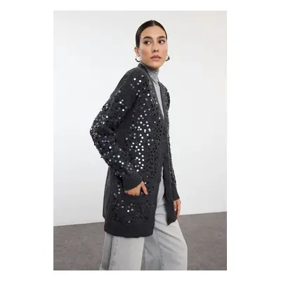 Trendyol Anthracite Wool Sequin Embroidered Knitted Cardigan