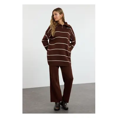 Trendyol Brown Comfortable Striped Knitwear Bottom-Top Set