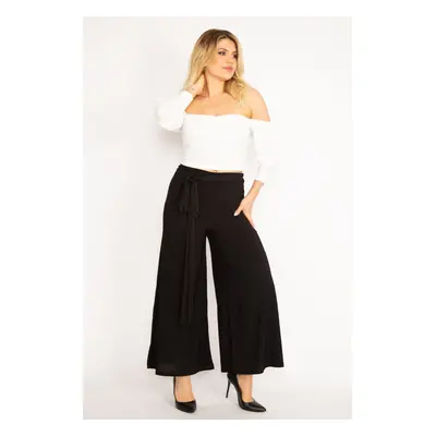 Şans Women's Plus Size Black Lycra Sandy Fabric Wide Legs Belted Trousers