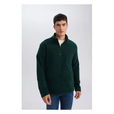 DEFACTO Green Non-Pilling Cold-Proof Regular Fit Stand-up Collar Zippered Polar Fleece Sweatshir