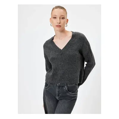 Koton V Neck Knitted Sweater Long Sleeve Textured