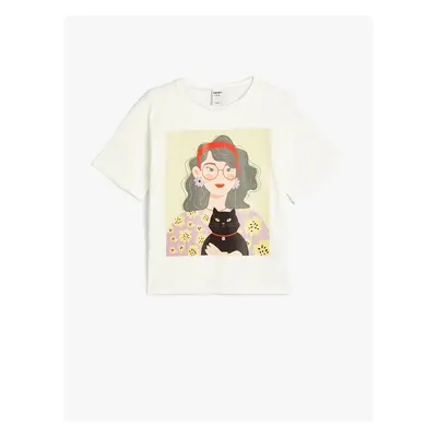 Koton T-Shirt Short Sleeve Cat Printed Crew Neck Cotton