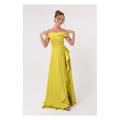 Lafaba Women's Oil Green Boat Neck Satin Evening Dress & Prom Dress