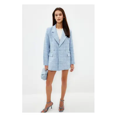 Trendyol Light Blue Oversize Woven Plaid Blazer Jacket