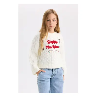 DEFACTO Girl Ecru Oversize Fit Wide Pattern Crew Neck Christmas Themed Knitwear Sweater