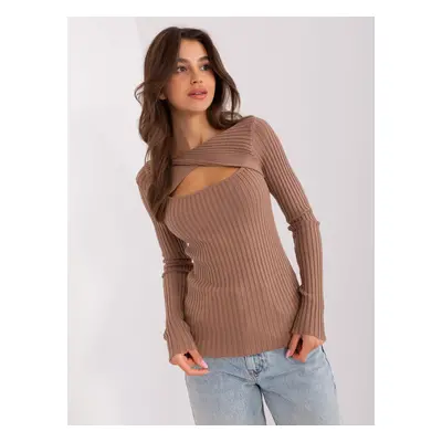 Light brown women's classic sweater with cutout