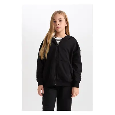 DEFACTO Girl Basic Plain Hooded Cardigan