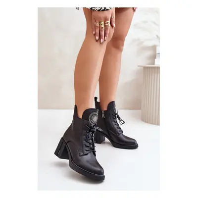 Insulated ankle boots on a chunky heel natural leather black vinceza