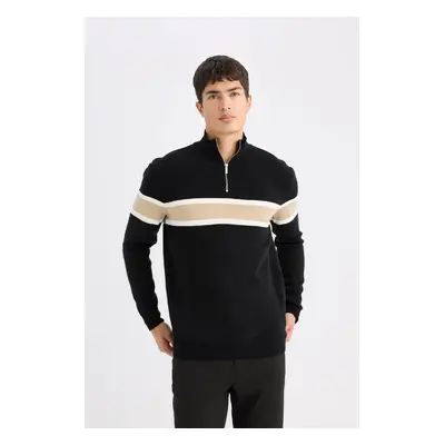 DEFACTO Black Standard Fit Regular Cut Stand Collar Zippered Striped Knitwear Sweater