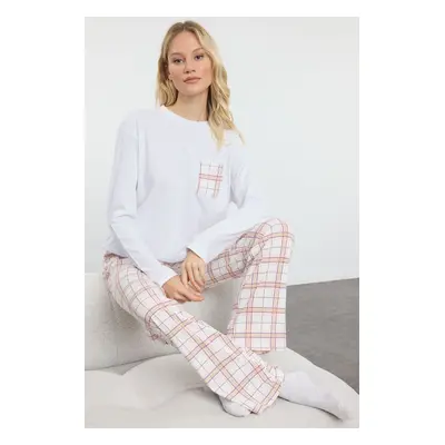 Trendyol White-Multicolor Cotton Plaid Pocket Detailed Knitted Pajamas Set