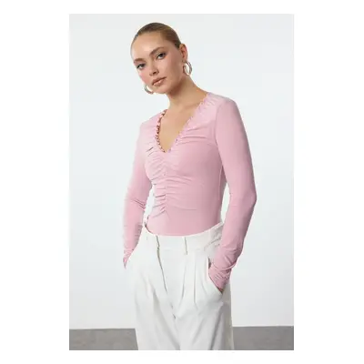 Trendyol Powder Gathering/Drape Detailed V-Neck Fitted Flexible Knitted Blouse