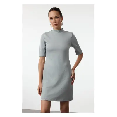 Trendyol Light Anthracite Stone Detailed Skater/Waisted Short Sleeve Mini Knitted Pencil Dress