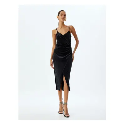 Koton Velvet Dress Glittery Midi Length Slit Detailed Straped V Neck Draped