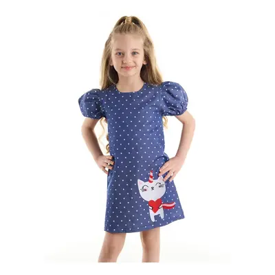 Denokids Kedicorn Girl's Woven Polka Dot Navy Blue Summer Dress