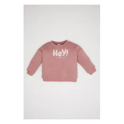 DEFACTO Baby Girl Text Printed Thick Pink Sweatshirt with Soft Fluffy Inside