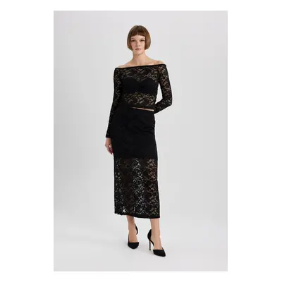 DEFACTO Pencil Normal Waist Half Lining Lace Midi Skirt