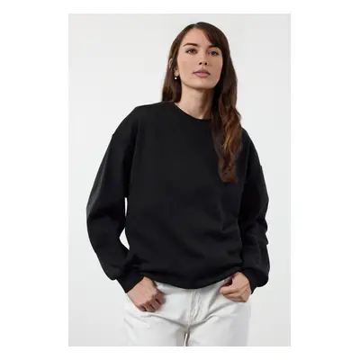 Trendyol Black-Indigo Oversize/Wide Pattern Crew Neck Thick Polar Fleece Knitted Sweatshirt