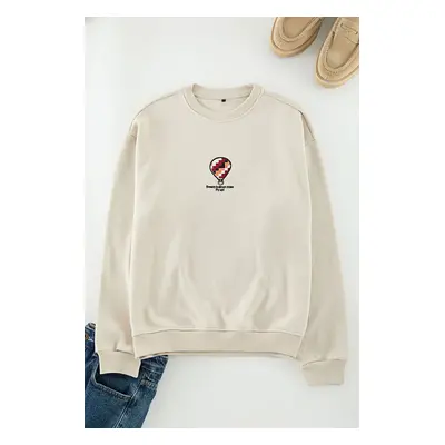 Trendyol Stone Oversize/Wide Cut Crew Neck Textured Embroidery Detailed Sweatshirt