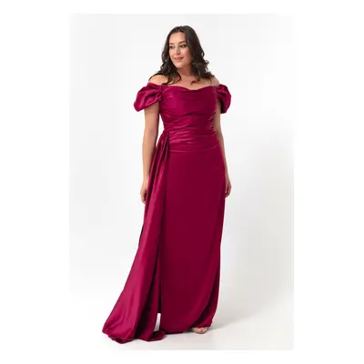 Lafaba Women's Damson Boat Neck Tailed Long Satin Evening Dress & Prom Dress