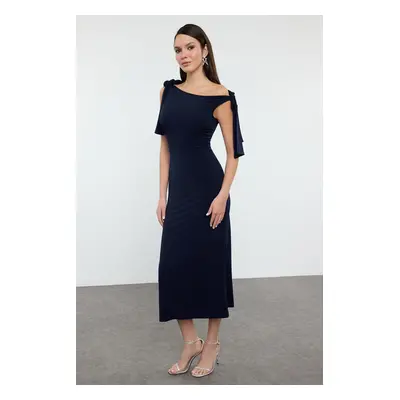 Trendyol Navy Blue Boat Neck Tie Detailed Knitted Dress