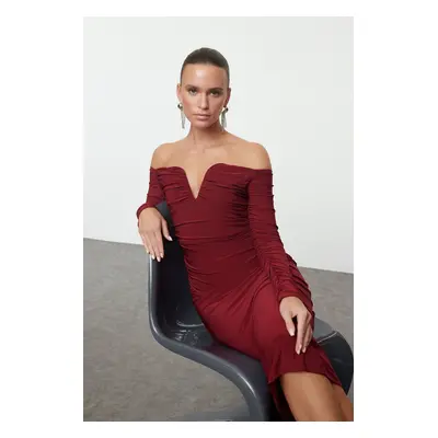 Trendyol Claret Red Body-Smoothing Carmen Collar Knitted Dress