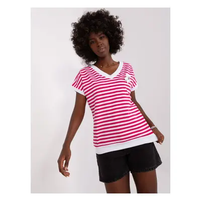 White and fuchsia striped blouse with short sleeves