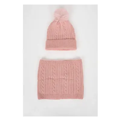 DEFACTO Girl's Combed Cotton Neck Collar Pompom Beanie 2-Piece Set