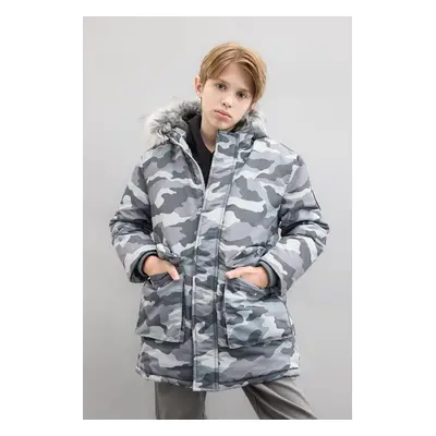 DEFACTO Boys Detachable Faux Fur Collar Hooded Plush Lined Parka