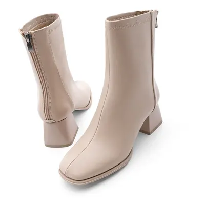 Marjin Women's Heeled Boots Flat Toe Zippered At The Back Naïs Beige.