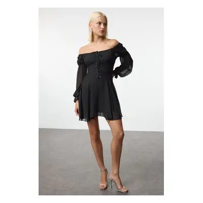 Trendyol Black Carmen Collar Lined Chiffon Short Dress