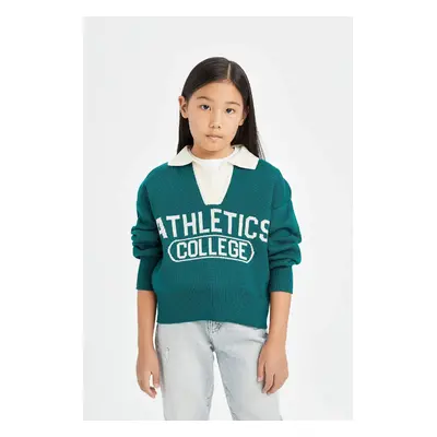 DEFACTO Girls Polo Neck Text Printed Knitwear Sweater