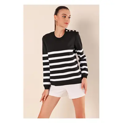 Bigdart Button Detail Striped Sweater - Black