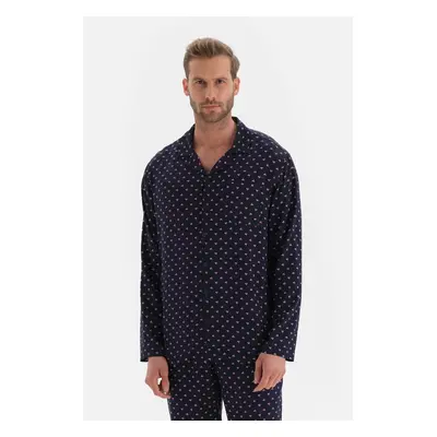 Dagi Navy Blue Shirt Collar Size Printed Viscose Pajama Top