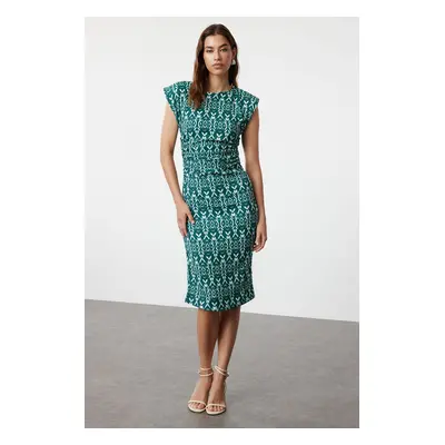 Trendyol Green Ethnic Pleated Midi Zero Sleeve Gathered Slit Body-fitting Flexible Knit Dress