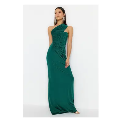 Trendyol Emerald Green egyvállas shirring részletes estélyi ruha