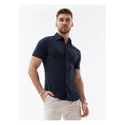 Ombre Men's slim fit knit shirt with short sleeves and collar - navy blue