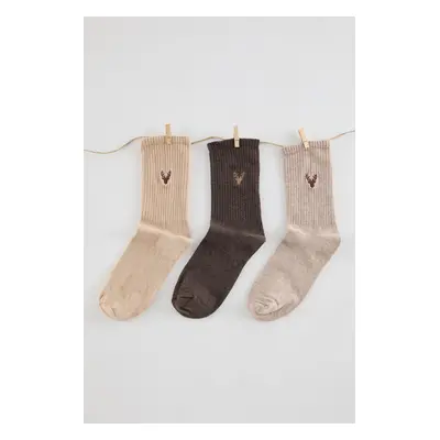 Trendyol Brown Unisex 3-Pack Cotton Deer Embroidered Textured Socket-Long Socks