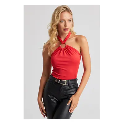 Cool & Sexy Women's Red Tie Neck Ringed Crop Blouse