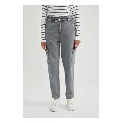 DEFACTO Paperbag Cargo High Waist Ankle Length Jean Washed Trousers