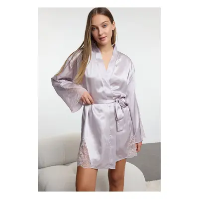 Trendyol Powder Satin Woven Dressing Gown with Slit and Lace Detail