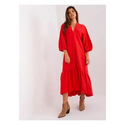 Red midi dress with ruffle by ZULUNA