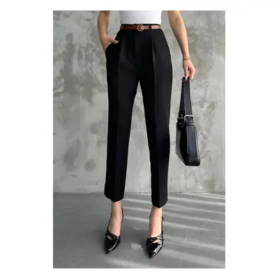 67537 Dewberry Skinny Leg Belted Women Trousers-BLACK