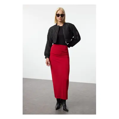 Trendyol Claret Red Premium Shiny Surface and Soft Texture Draped Maxi Knitted Skirt