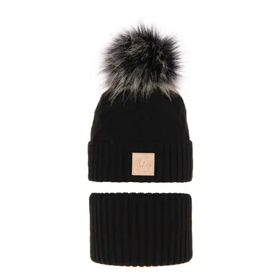 AGBO Girl's winter set: hat and tube scarf black Dina with pompom