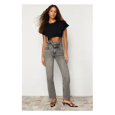 Trendyol Anthracite Double Belted High Waist Wide Leg Jeans