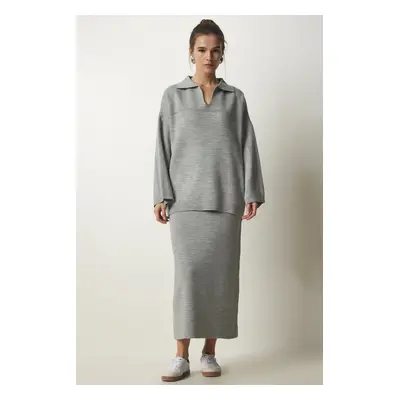 Happiness İstanbul Women's Gray Polo Neck Stylish Knitwear Sweater Skirt Suit