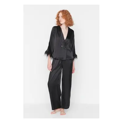 Trendyol Black Feather Detailed Satin Shirt-Pants Woven Pajamas Set