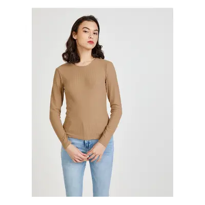 Brown Women's Ribbed T-shirt with neckline ONLY Nella - Women