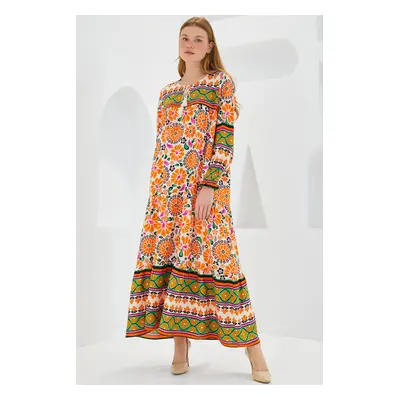 Bigdart Women's Orange Green Patterned Long Viscose Dress