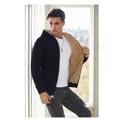 14455 Dewberry Furry Hooded Mens Sports Slim Fit Cardigan-NAVY